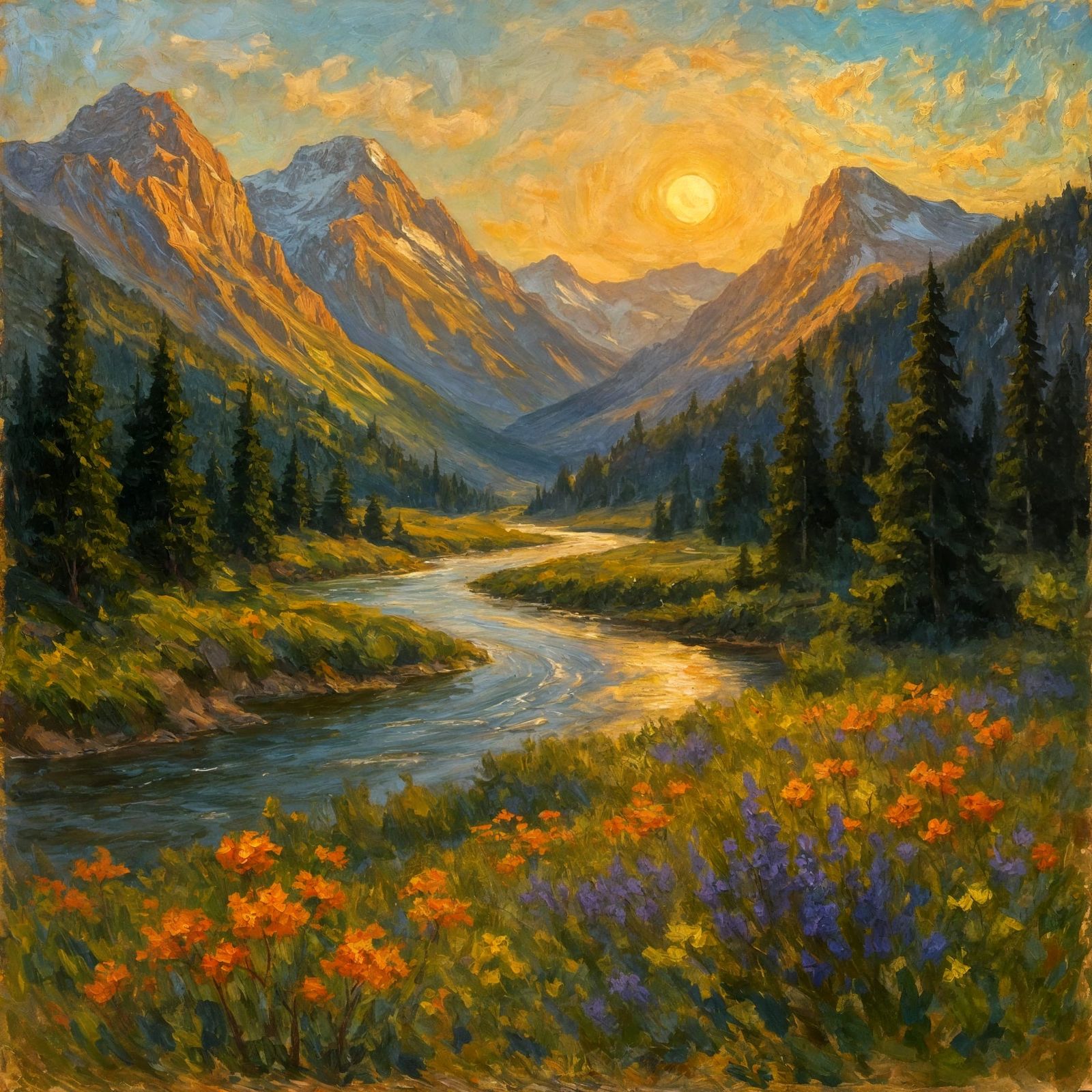 Mountain River Landscape Oil Painting