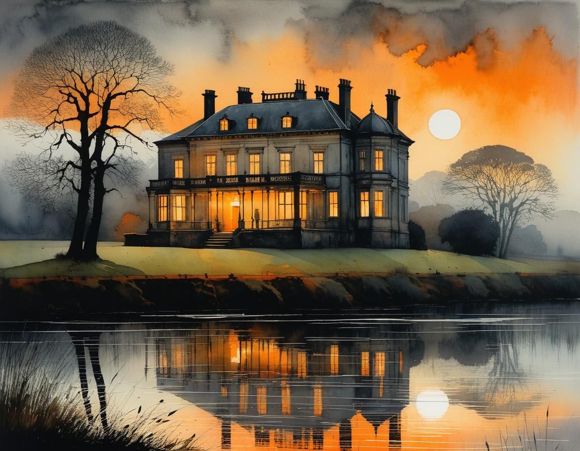 Grand Villa at River in Misty Watercolor