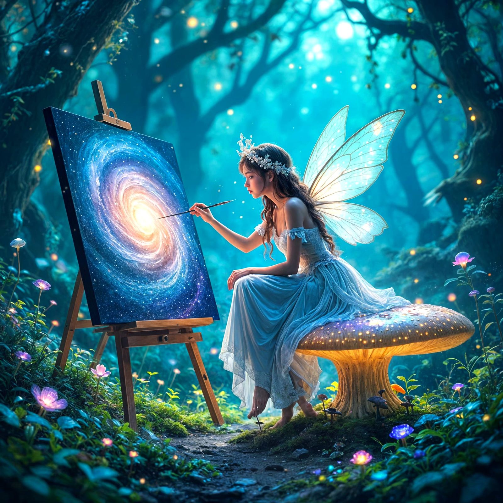 Fairy Painting Galaxy on Mushroom in Bioluminescent Forest