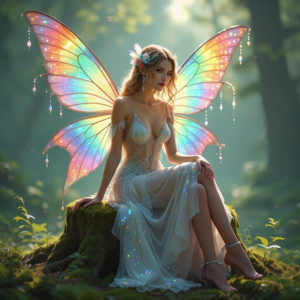 Enchanting Fairy on Moss Stump with Rainbow Wings