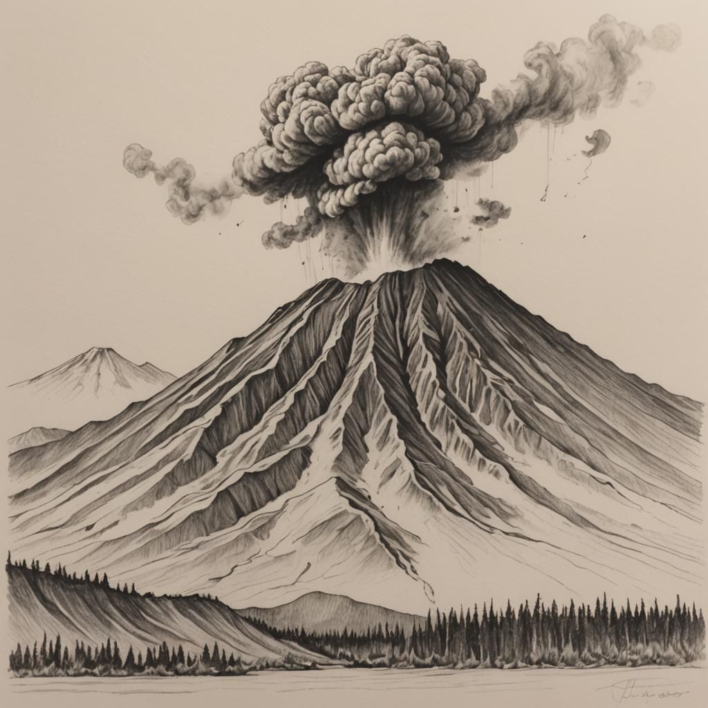 Mount St. Helens Eruption in Pencil Sketch Style