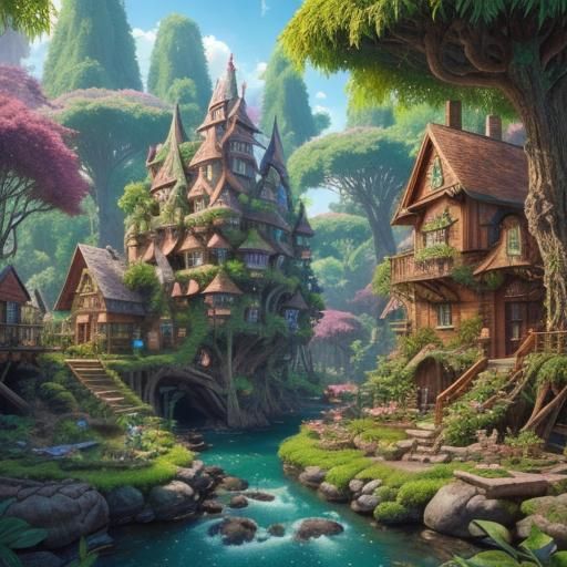 Enchanted Forest Village: Detailed Pen and Ink Drawing