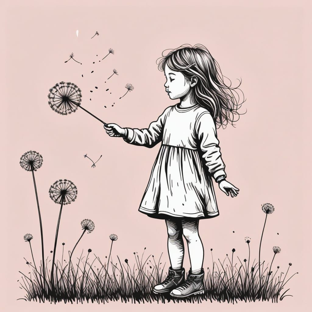 Whimsical Little Girl Floats Away on a Giant Dandelion
