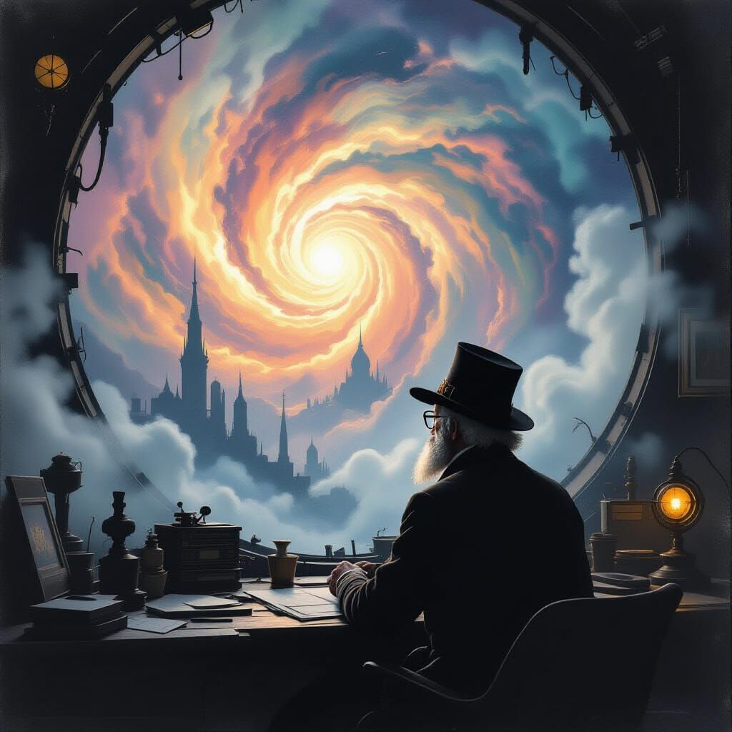 Elderly Steampunk Inventor Views Cosmic Nebula in Misty Stud...