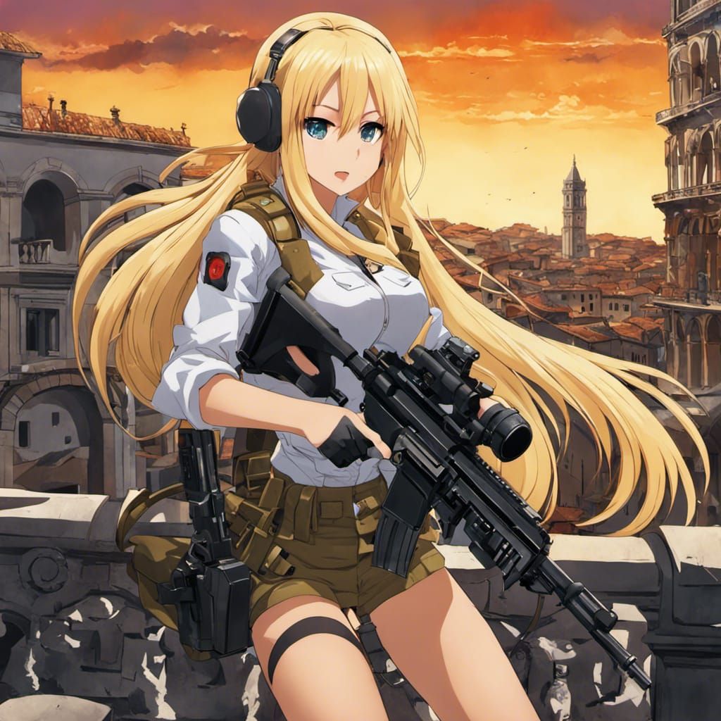 Anime Girl Fighting in Italian City with Machine Gun