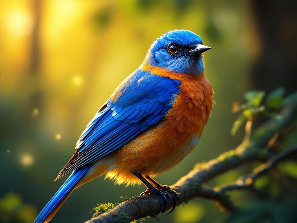 Vibrant Bluebird in Morning Light, a Dreamy Forest Scene