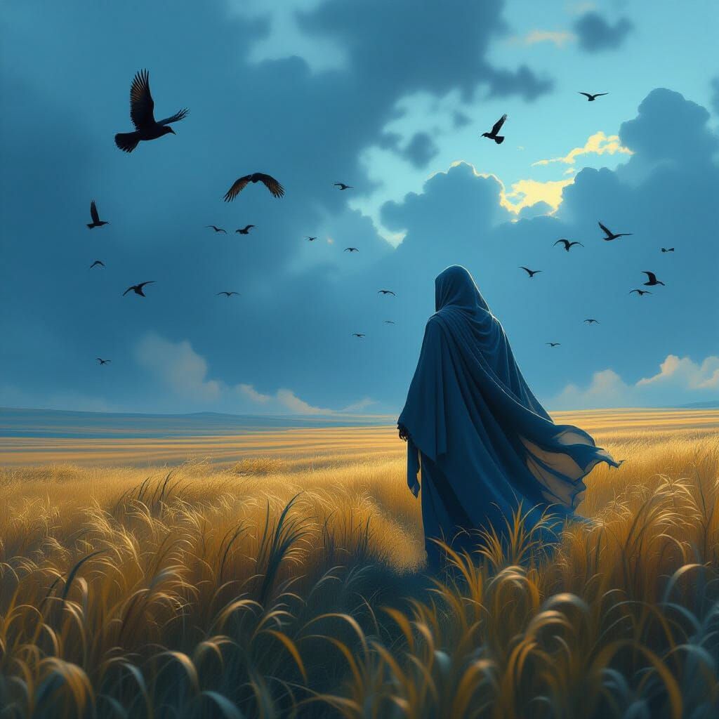 Ethereal Figure Following Elusive Presence in Windswept Fiel...