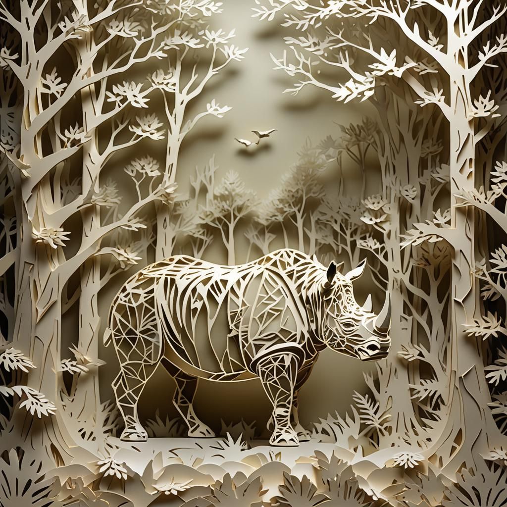 Golden Kirigami Rhino in Crystal Forest