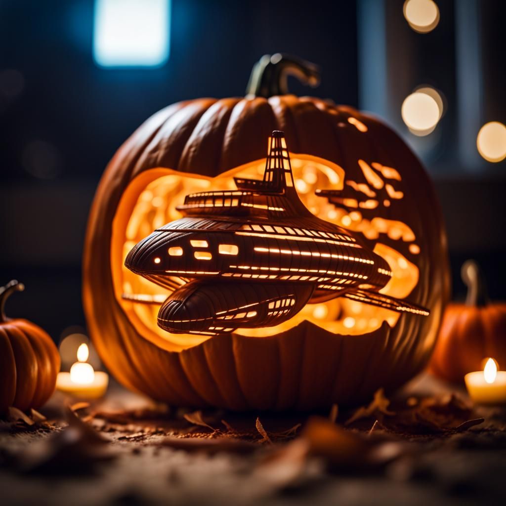 Carved Pumpkin Spaceship in Professional Photography Style