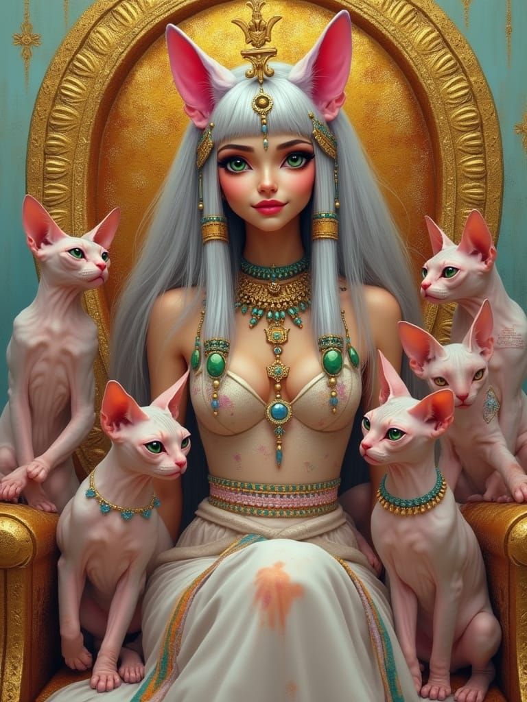 Egyptian Goddess Bastet on Golden Throne with Sphynx Cats