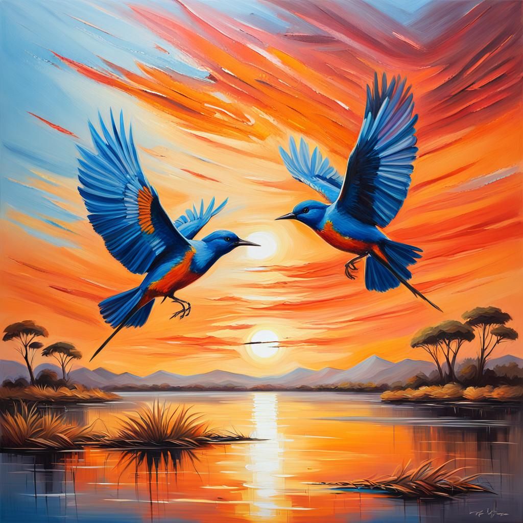Warm African Dawn with Birds in Flight, Oil Painting