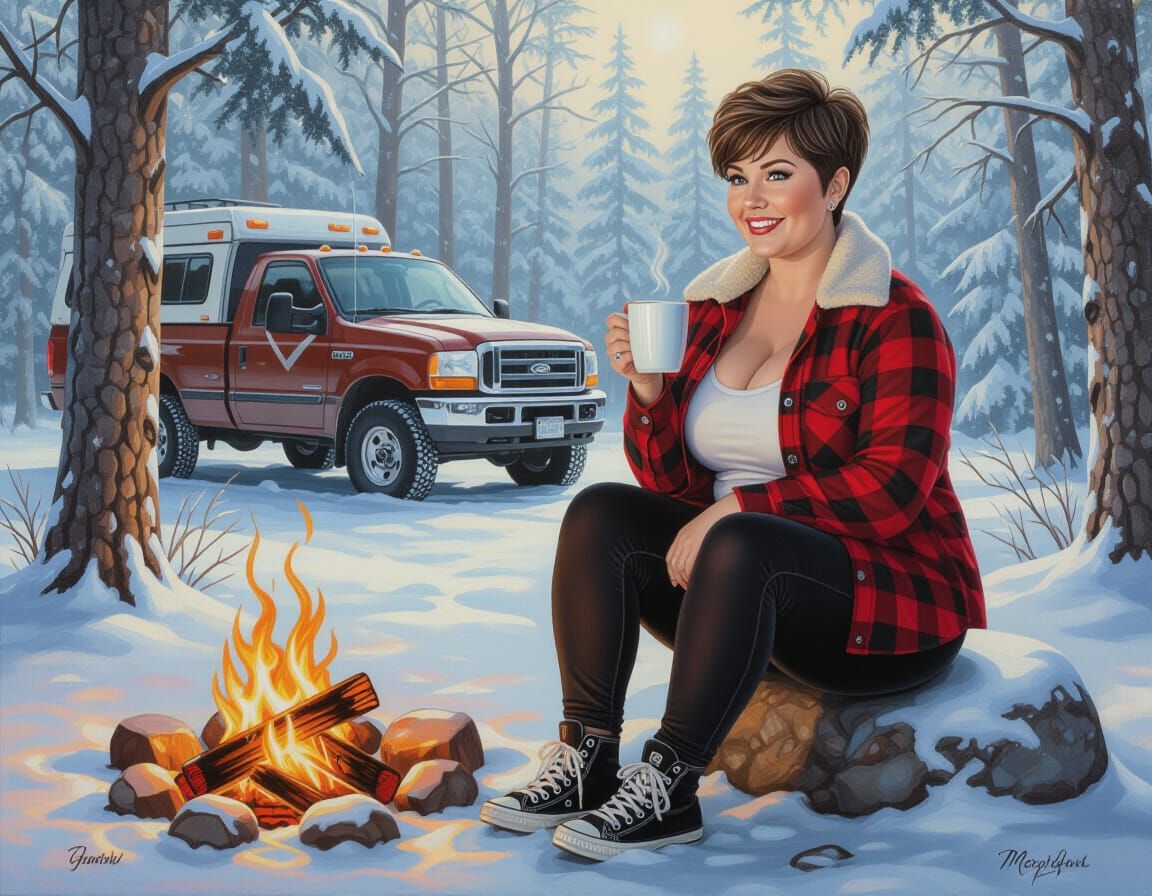 Woman Sits By Campfire In Snowy Forest