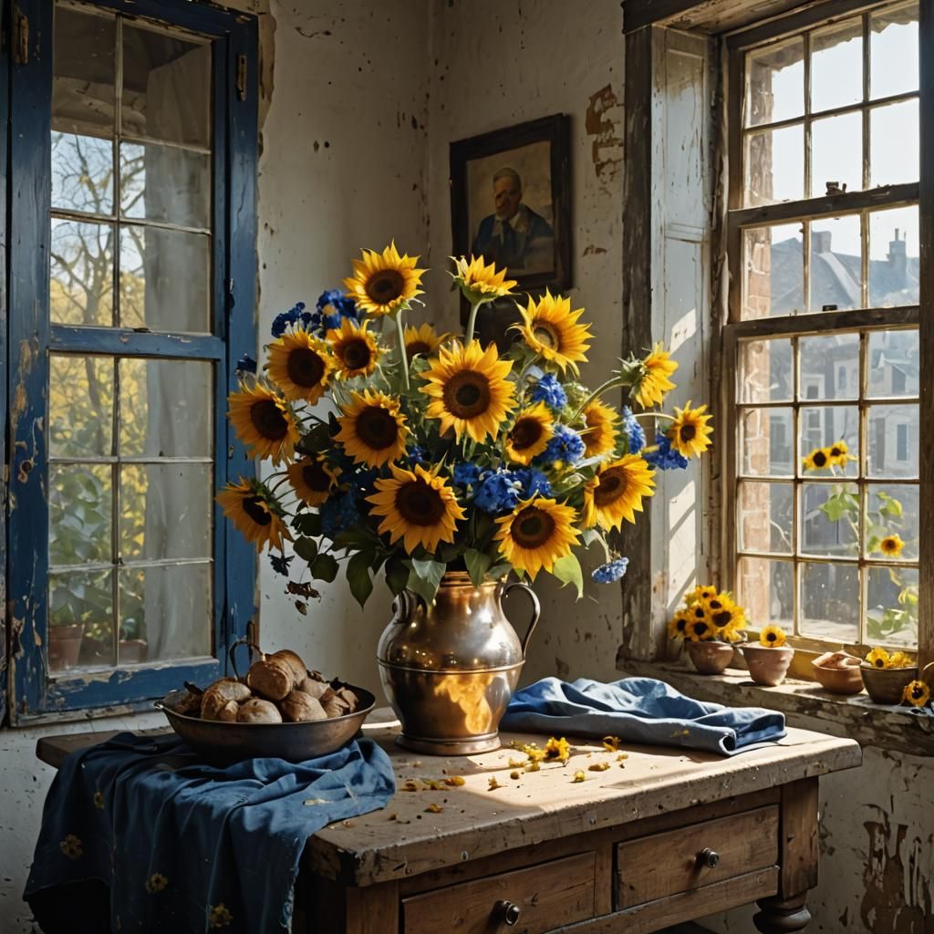 Sunflowers and Delft Blue Flowers, Hyperreal Painting