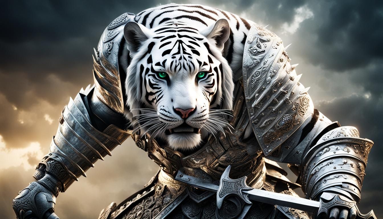 Armored White Tiger Warrior with Sword of Light