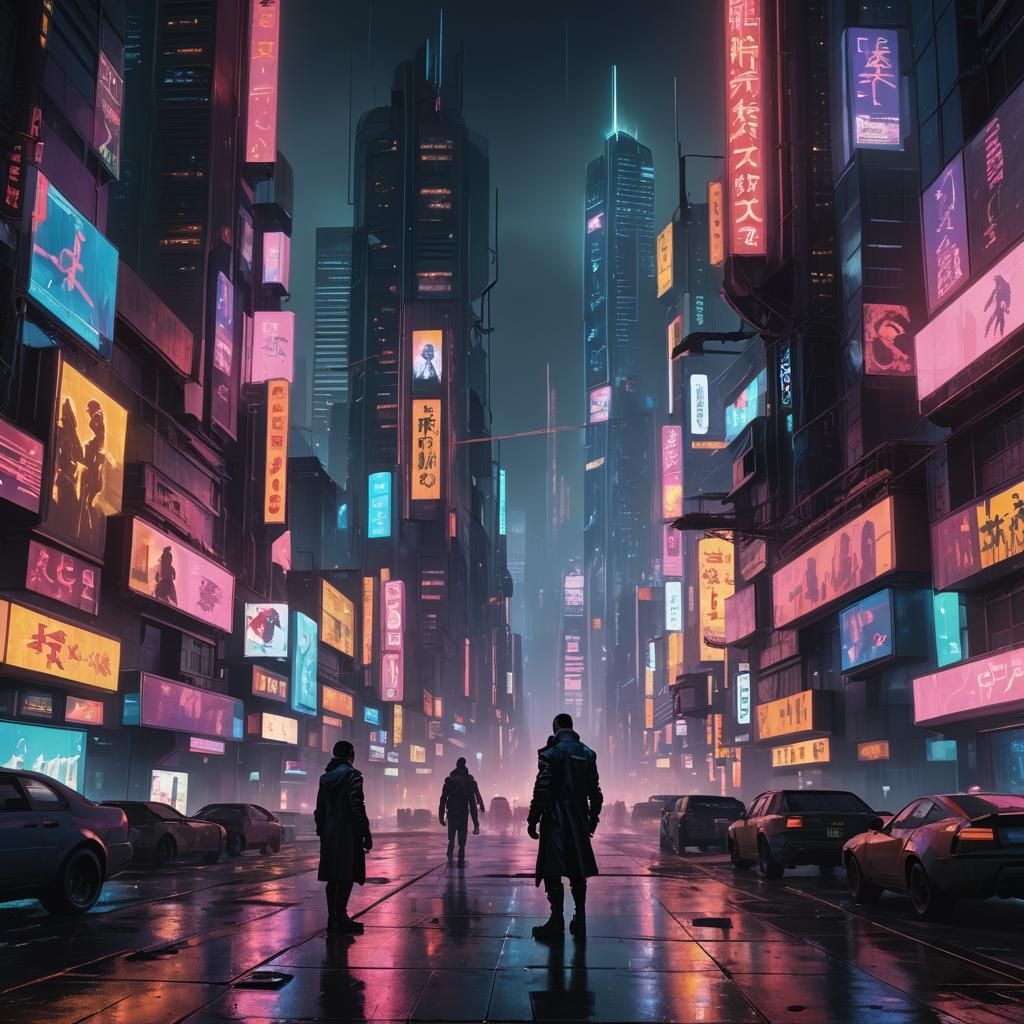 Cyberpunk Figure Overlooking Neon Cityscape