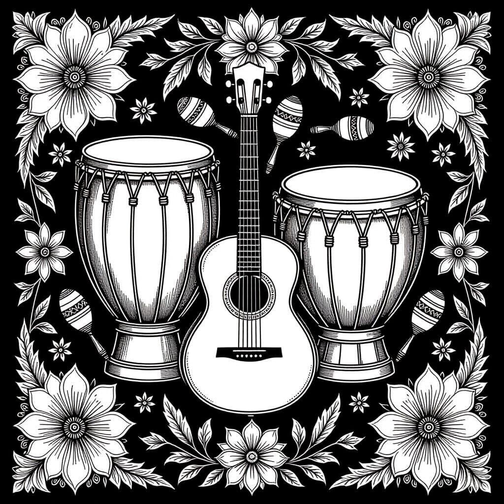 Caribbean Musical Instruments in Coloring Book Style