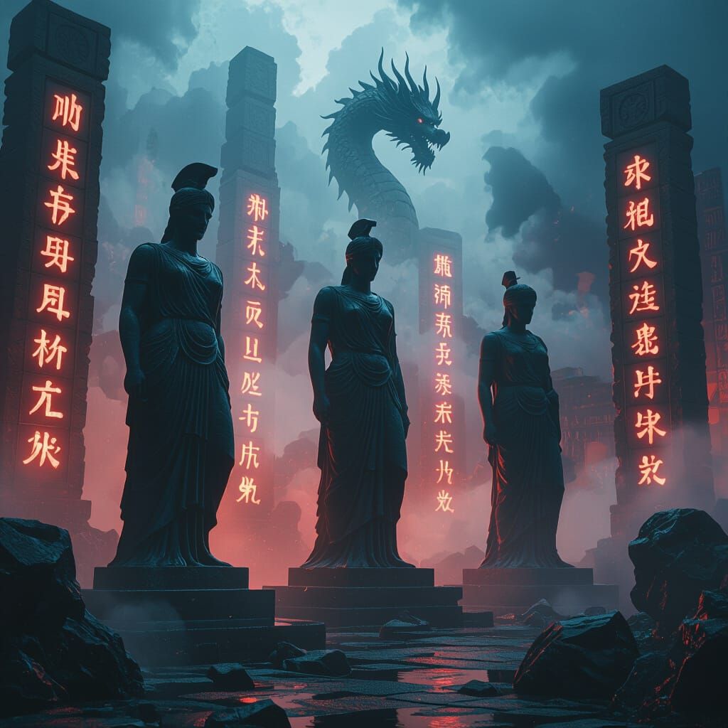 Mythological Dark Fantasy Scene with Dragons and Runes