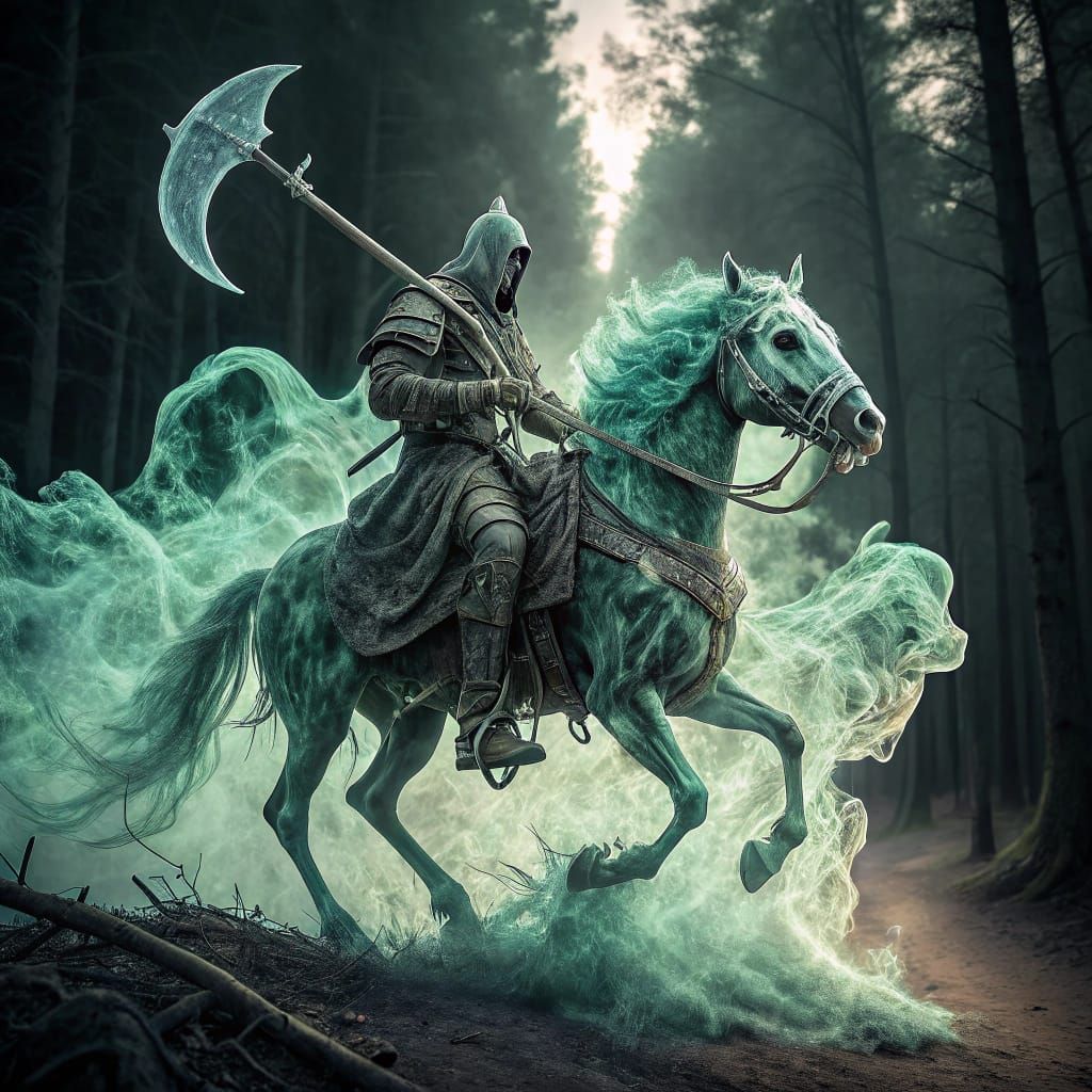 Ethereal Knight Rides Skeletal Steed Through Enchanted Fores...