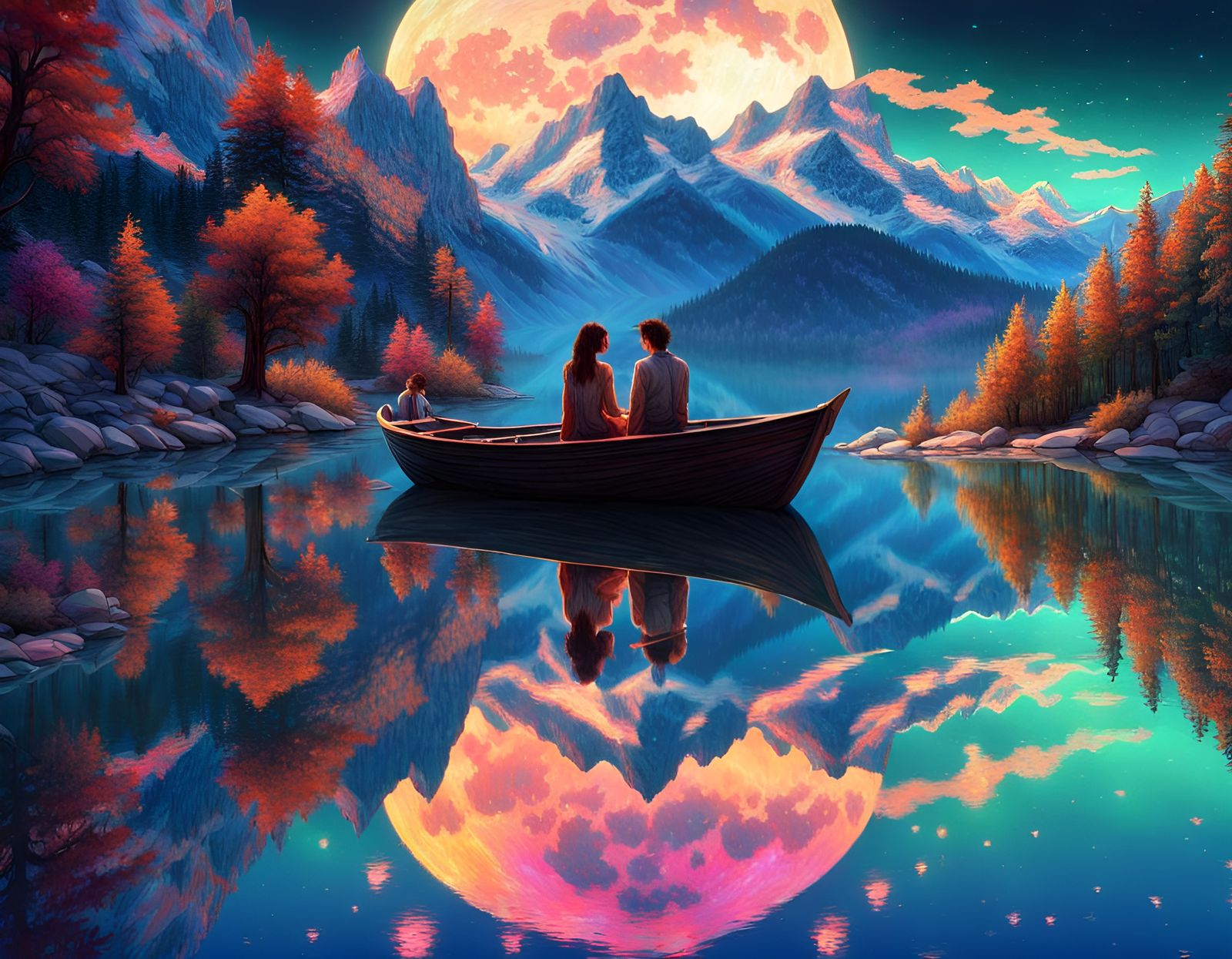 Lovers' Moonlit Voyage on Alpine Lake