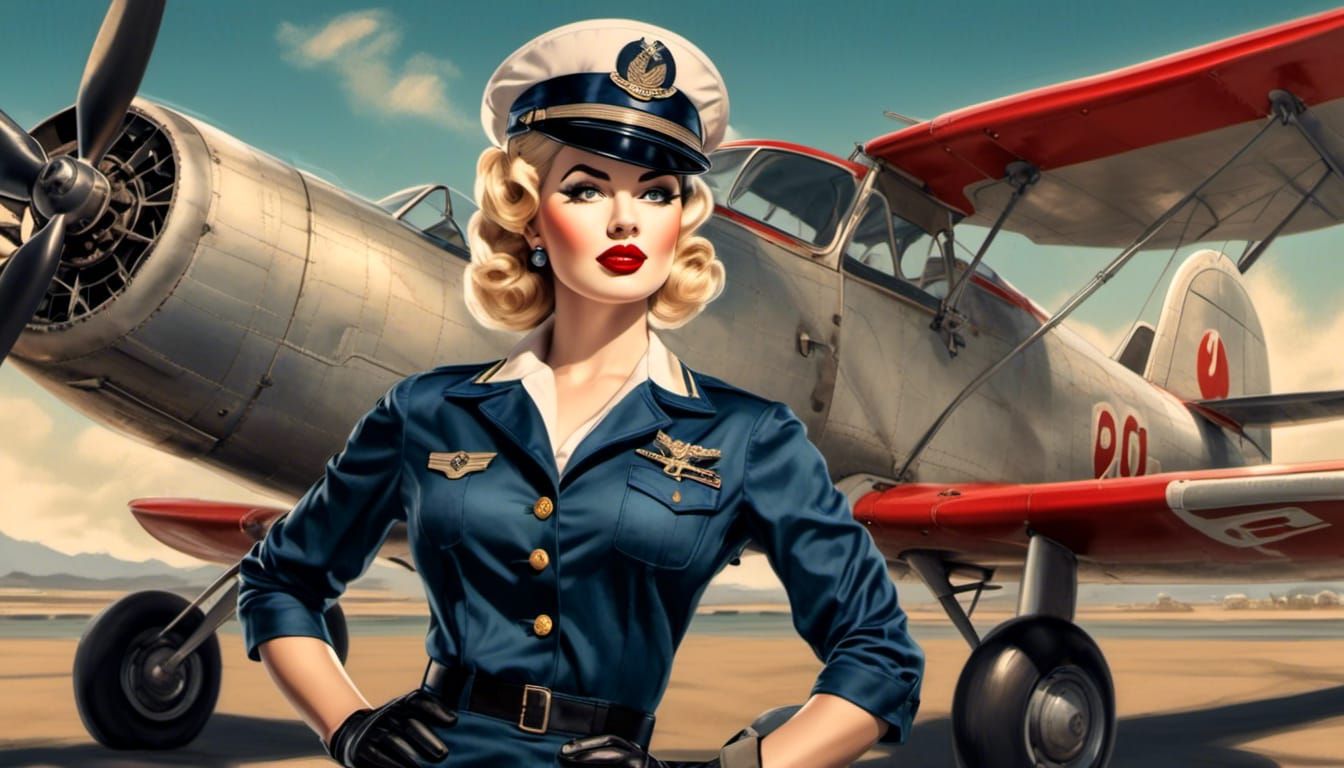 Retro Pinup Airline Pilot in Charcoal Drawing Style