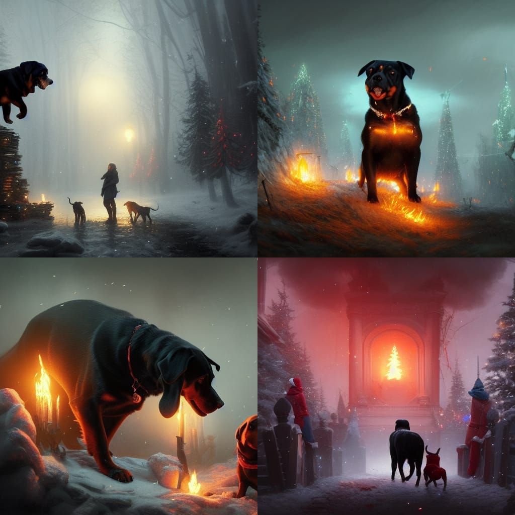 Rottweiler Christmas Celebration in Dark Fantasy Style