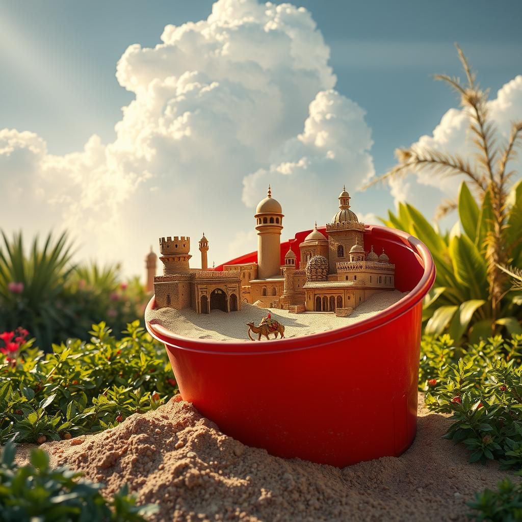 Desert Cityscape Emerges from Bucket in Garden