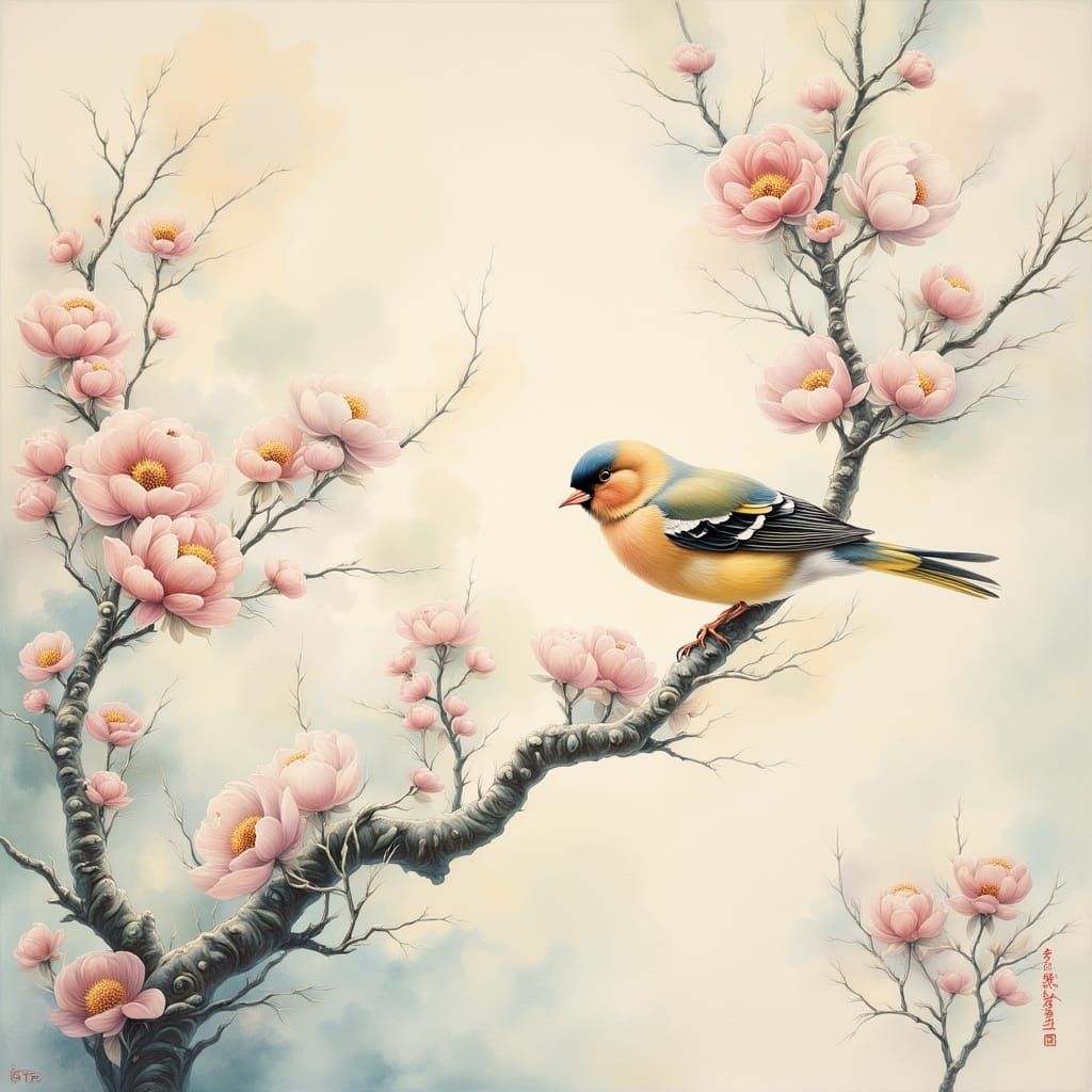 Japanese Woodblock Print: Finch on Blooming Branches