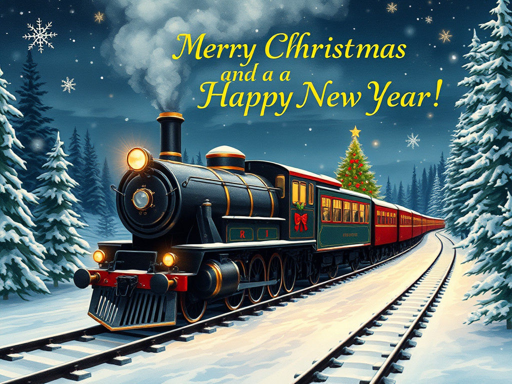 Vintage Christmas Train Through Snowy Forest, Art Deco Style