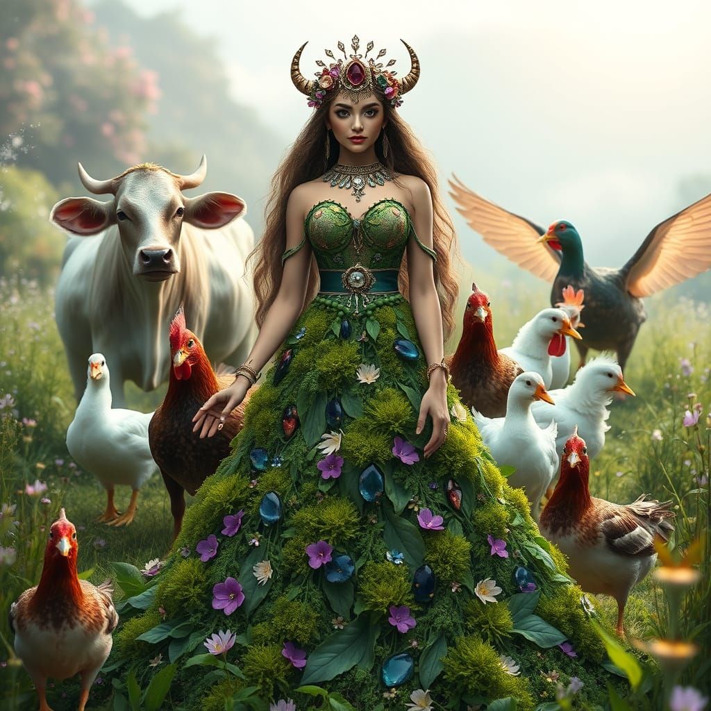 Vegan Goddess Gaia in Lush Green Paradise with Sparkling Dew...