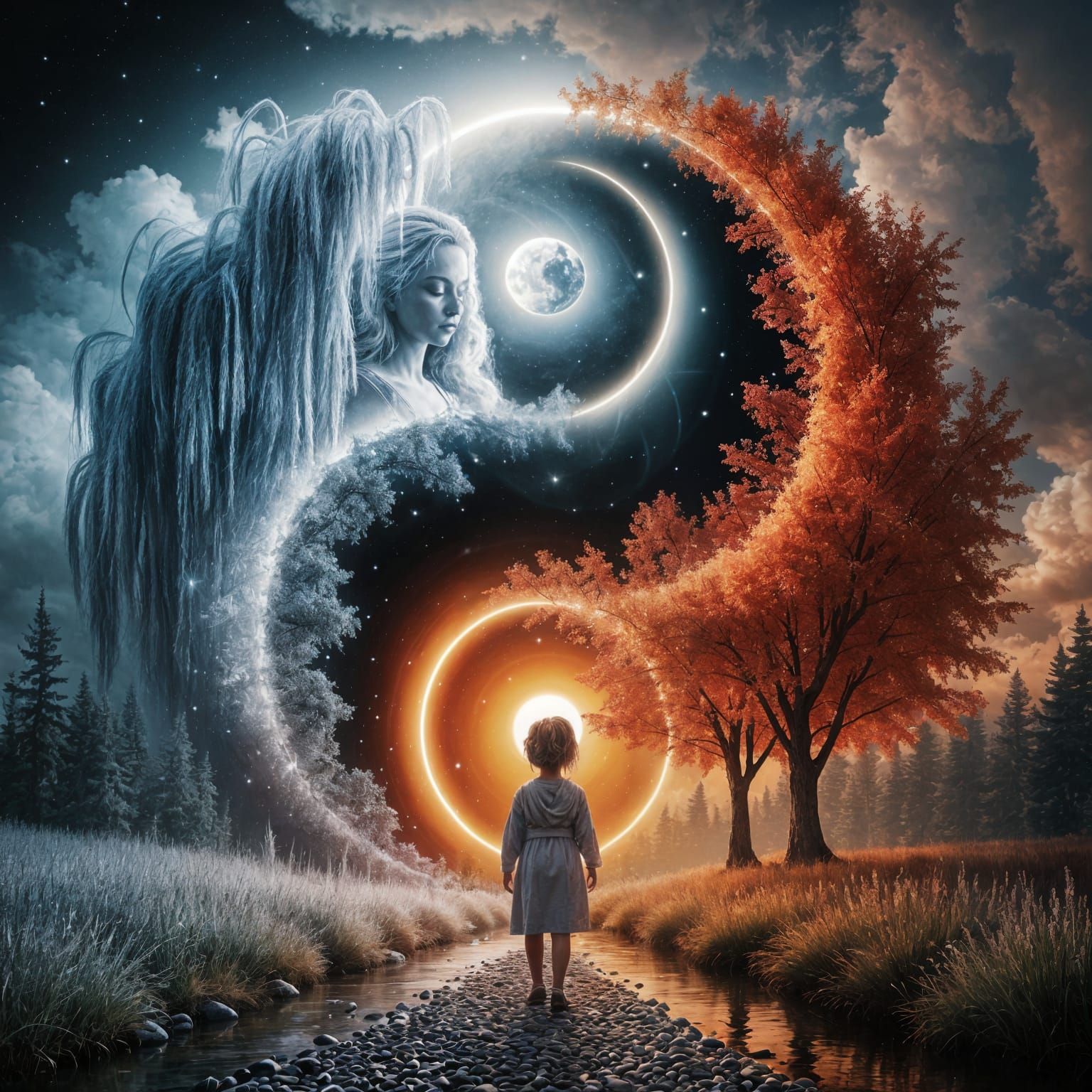 Yin-Yang Celestial Night and Sunrise Digital Painting