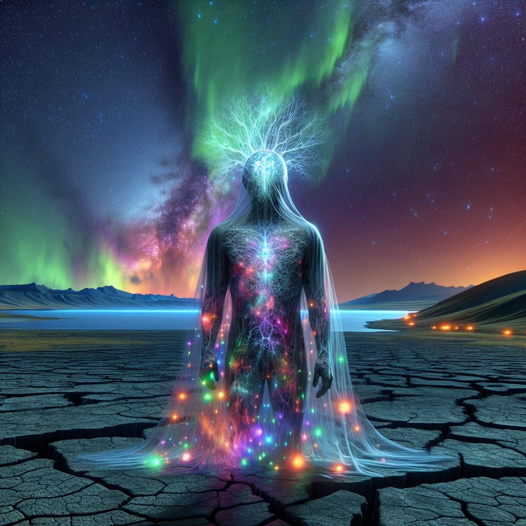 Humanoid Tree Figure Under Aurora Borealis