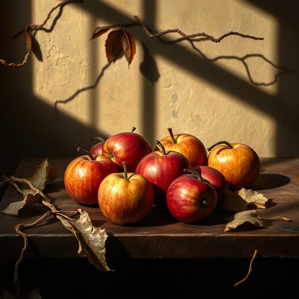 Golden Apples on Weathered Wood, Amidst Autumn's Fading Ligh...