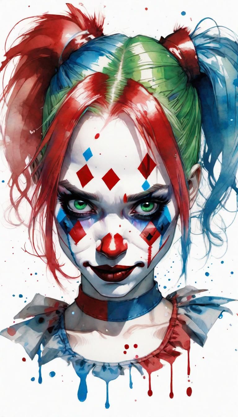 Chibi Harley Quinn Watercolour Painting