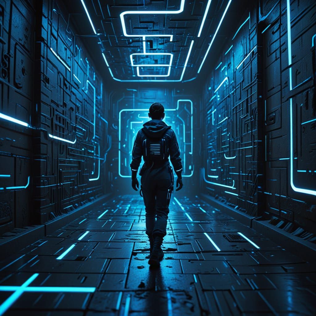 Futuristic Exploration: Person Navigates Sci-Fi Maze