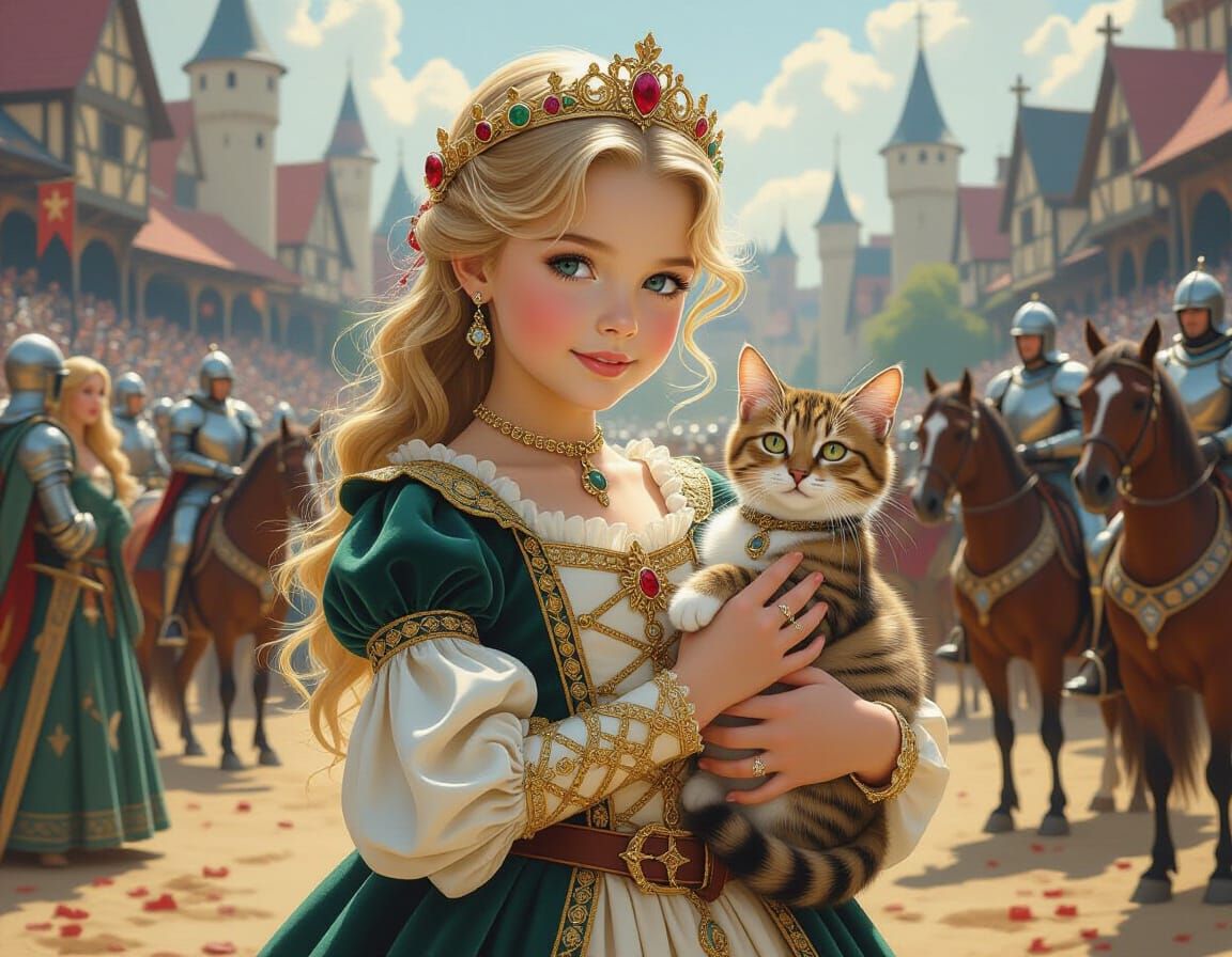 Girl with Cat at Medieval Tournament, Golden Age Illustratio...