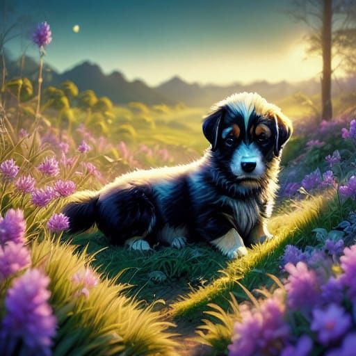 Whimsical Black and White Canine Portrait in Watercolor Styl...