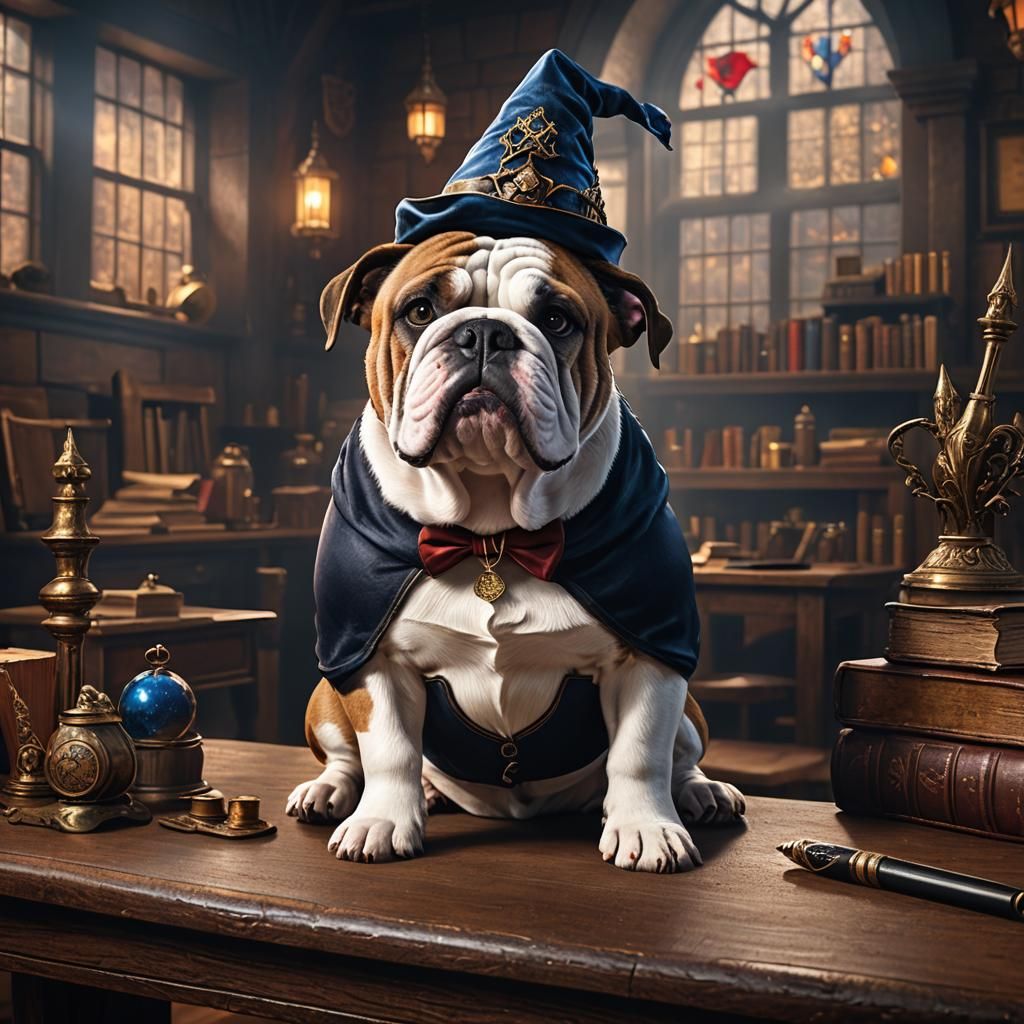 Bulldog Wizard at Wizard School: Detailed Digital Painting