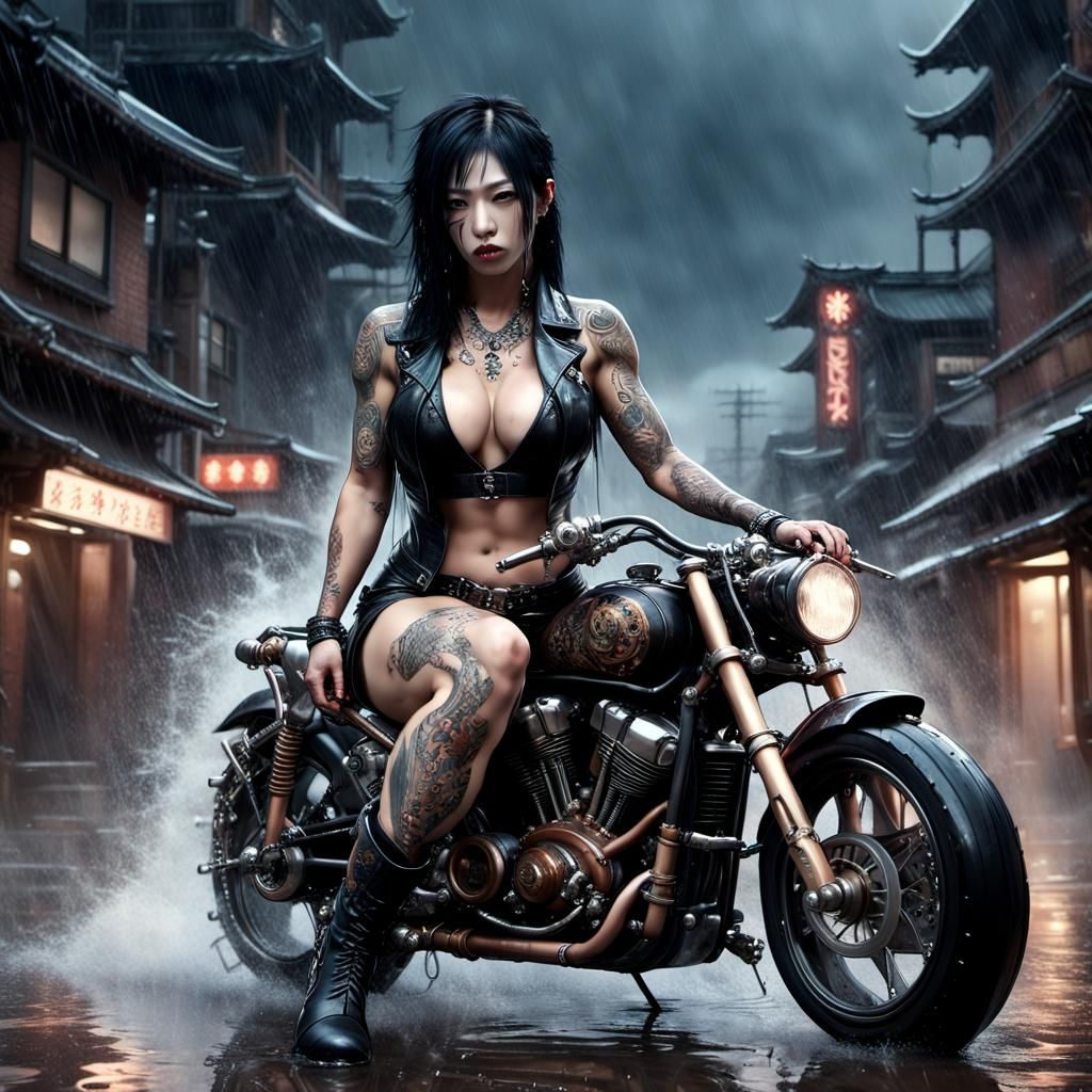Gothic Japanese Biker in Rainy Cityscape