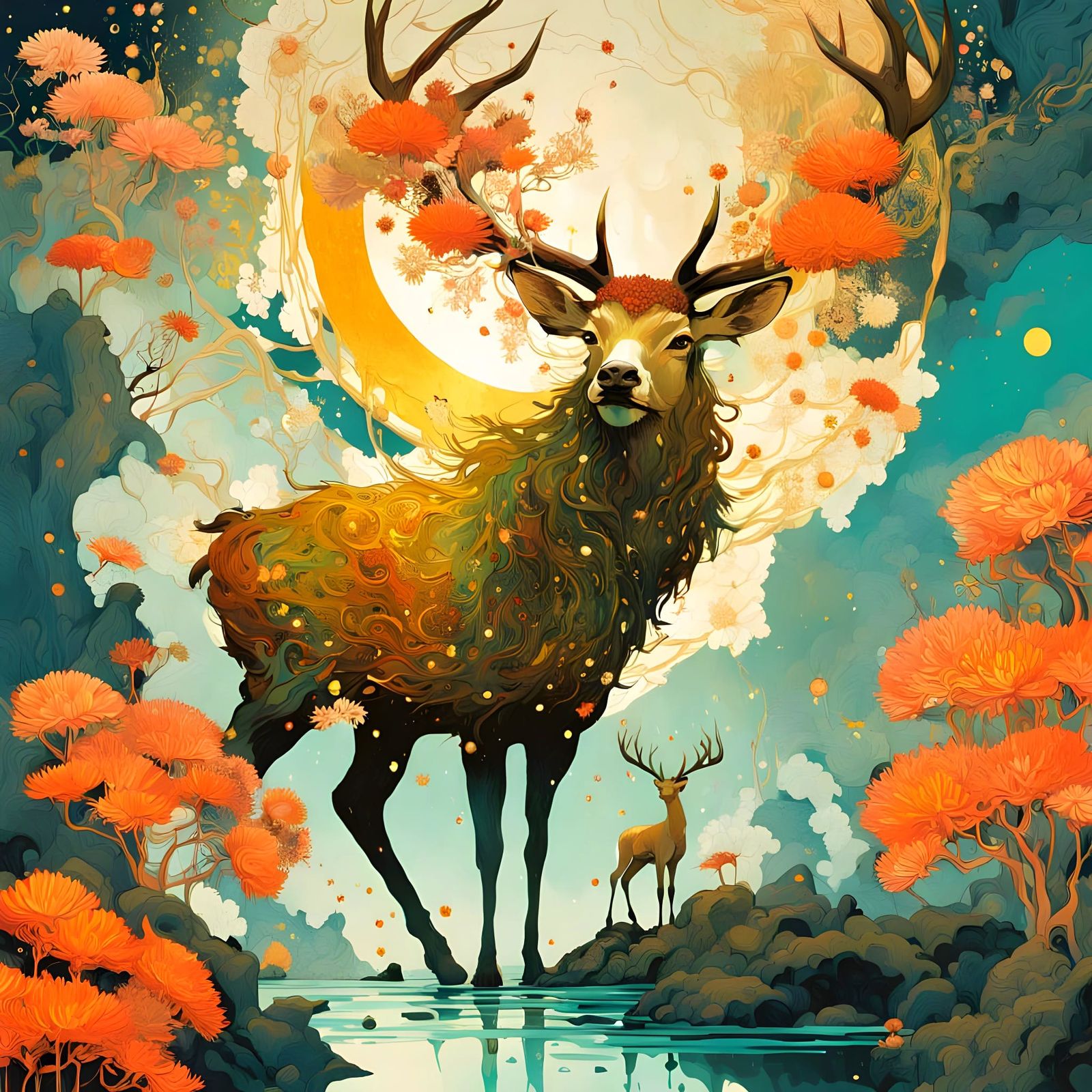 Surreal Stag in Forest with Kyoto Temple Painting