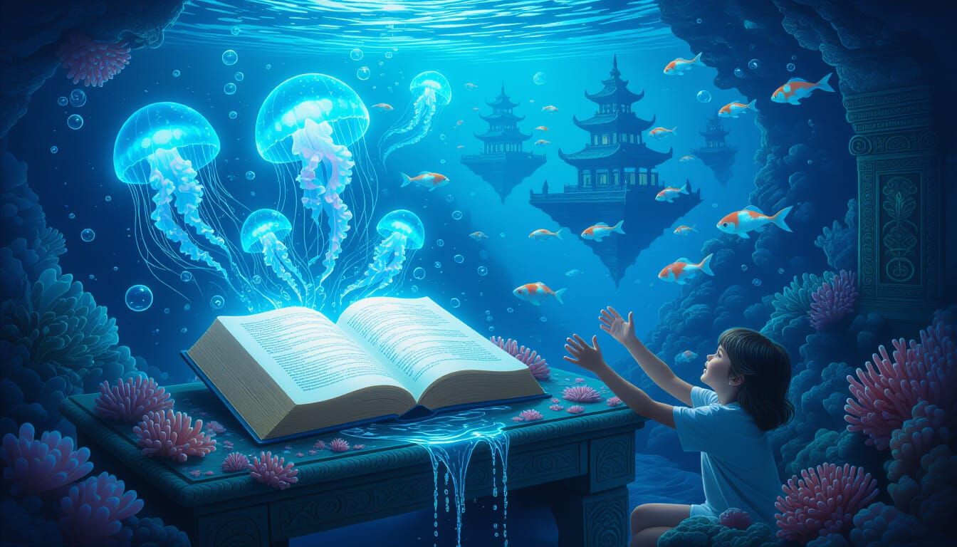 Underwater Dreamscape Unfolds From Glowing Book