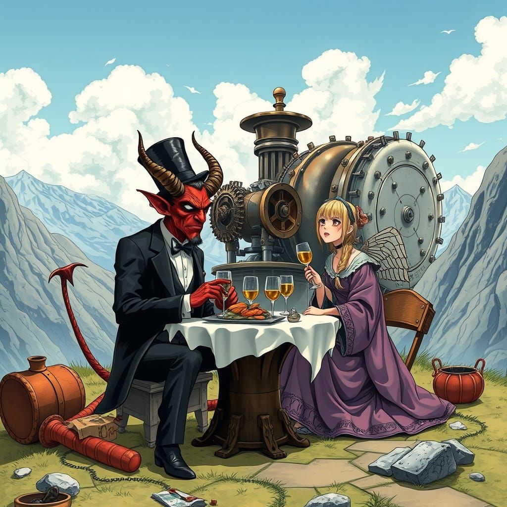 Angel and Devil Picnic on Steampunk Mountain