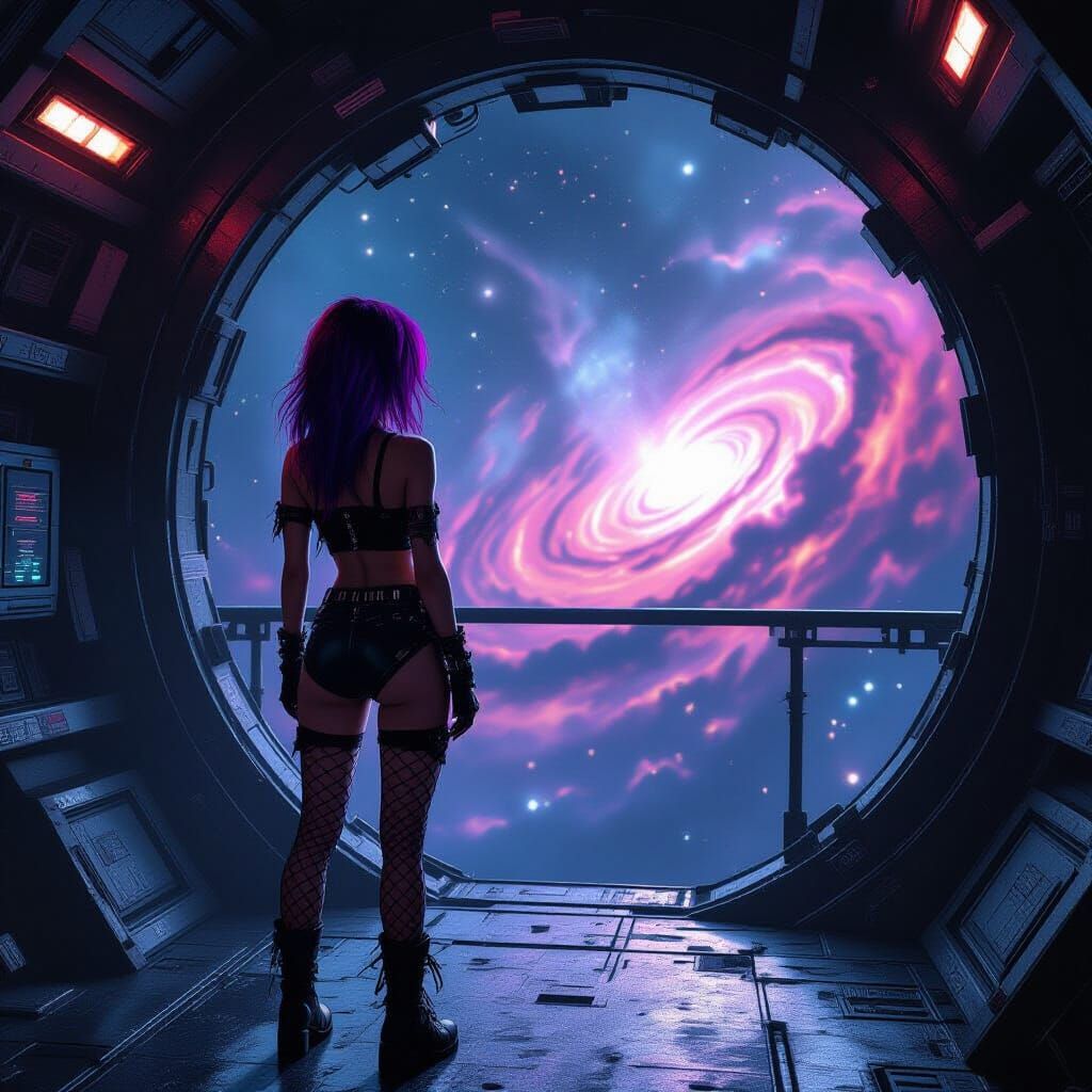 Punk Woman on Derelict Spaceship Overlooking Nebula