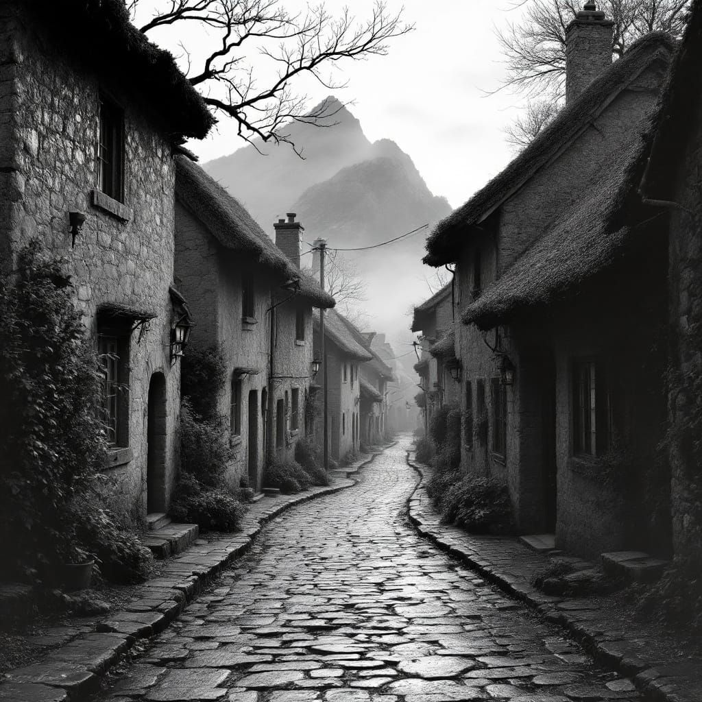 Timeless Village Street at Dawn in Dramatic Black and White
