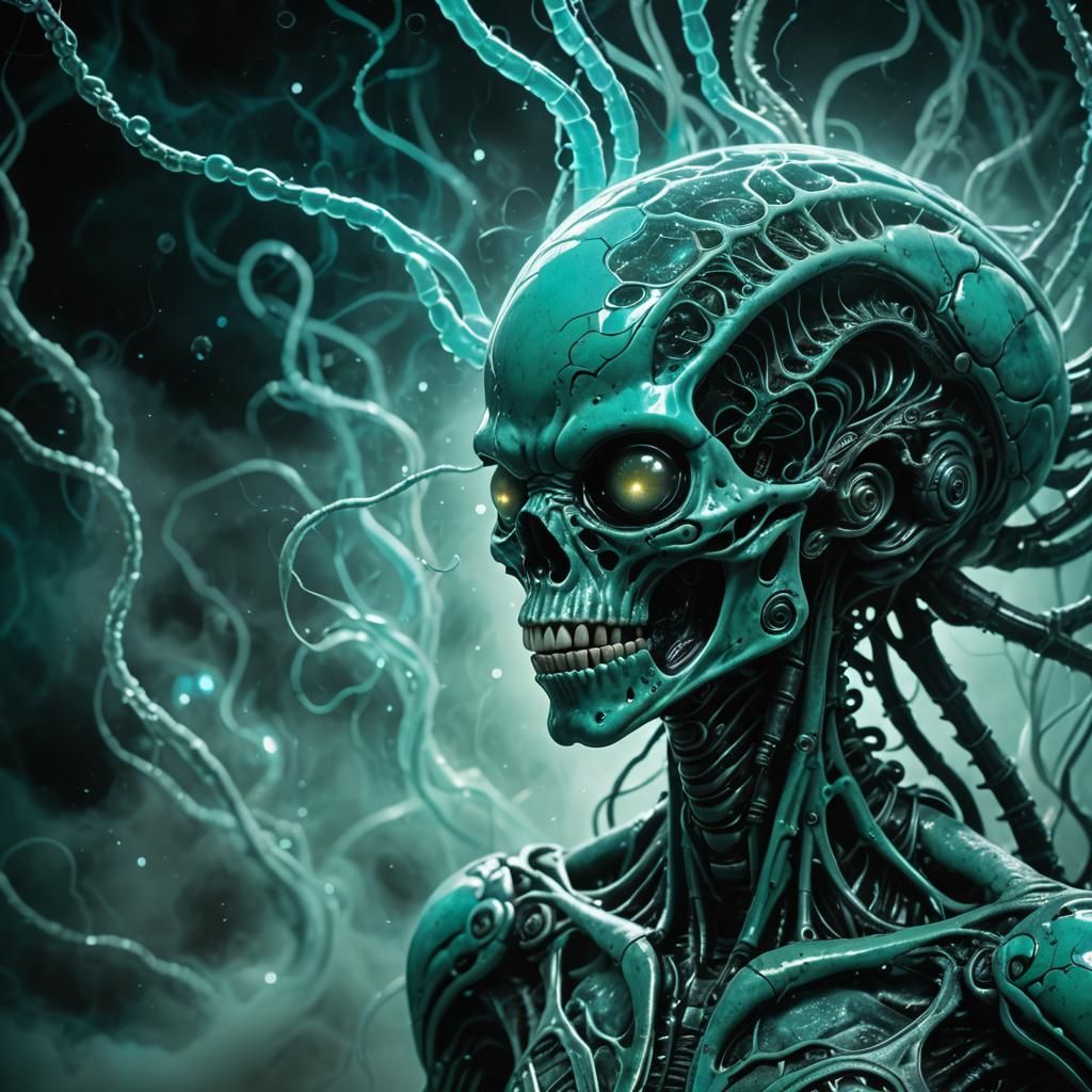 Surreal Biomechanical Alien Growth in Ethereal Mist