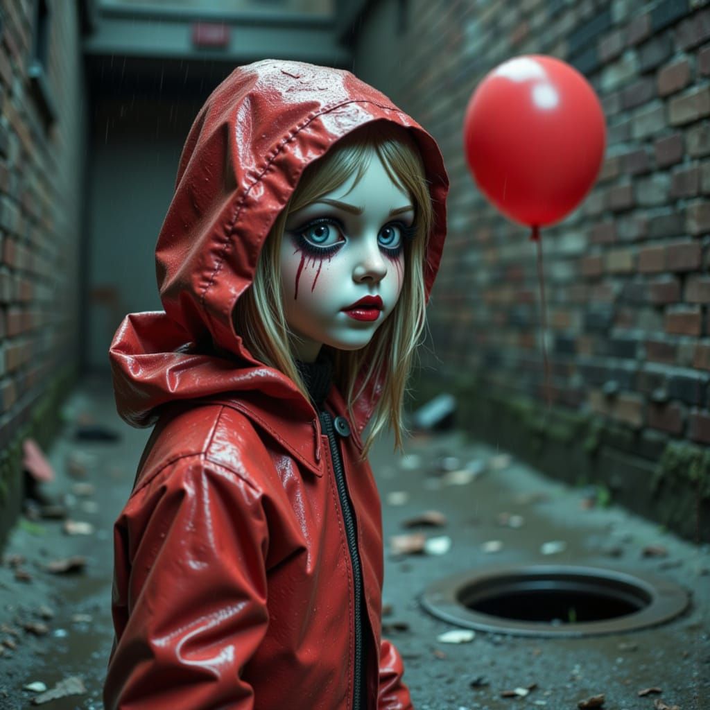Haunted Doll Woman with Red Balloon Escaping Sewer