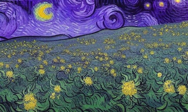 Starry Night Sky with Flowers, Post-Impressionist Style