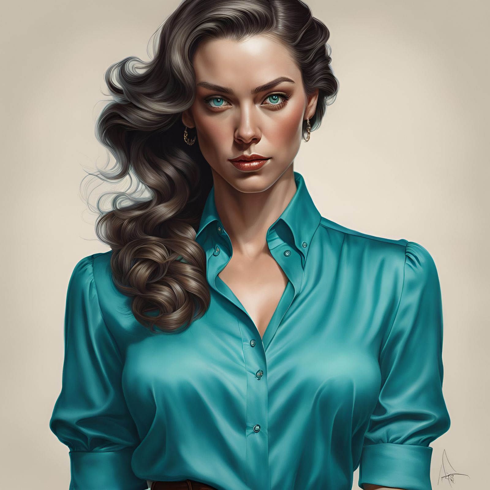 Gorgeous Woman in Turquoise Blouse: Hyperrealistic Portrait