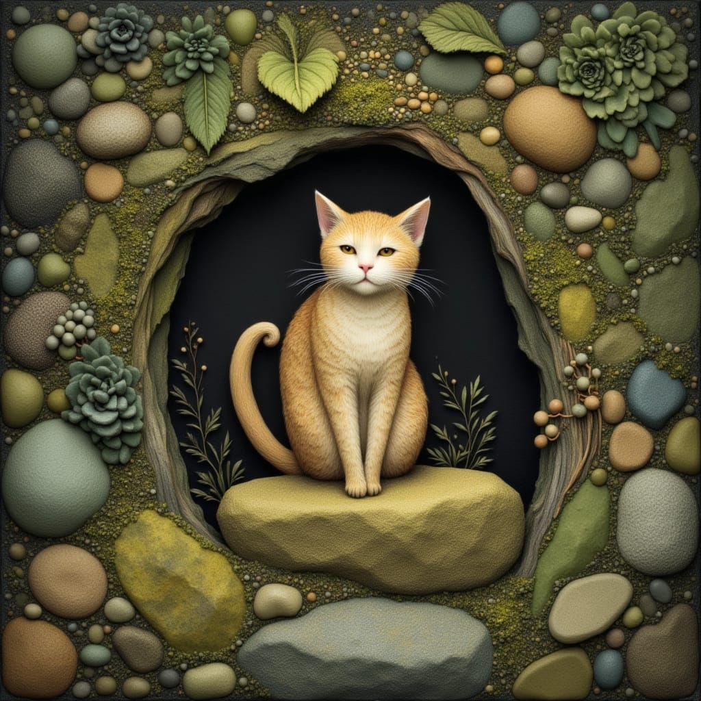 Whimsical Cat on Stone in Detailed Fantasy Art Style