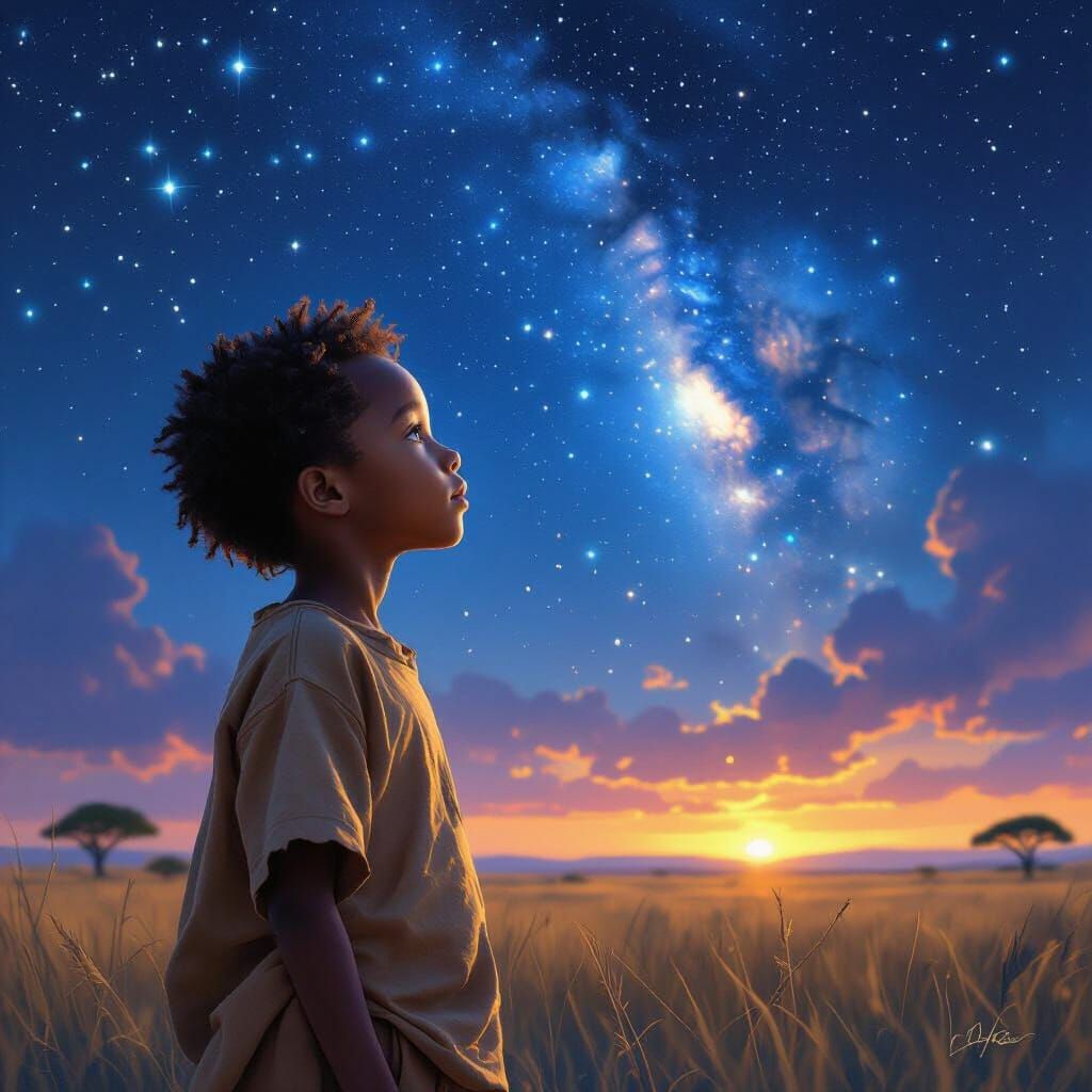 African Boy Gazing at Starry Savanna in Fantasy Art