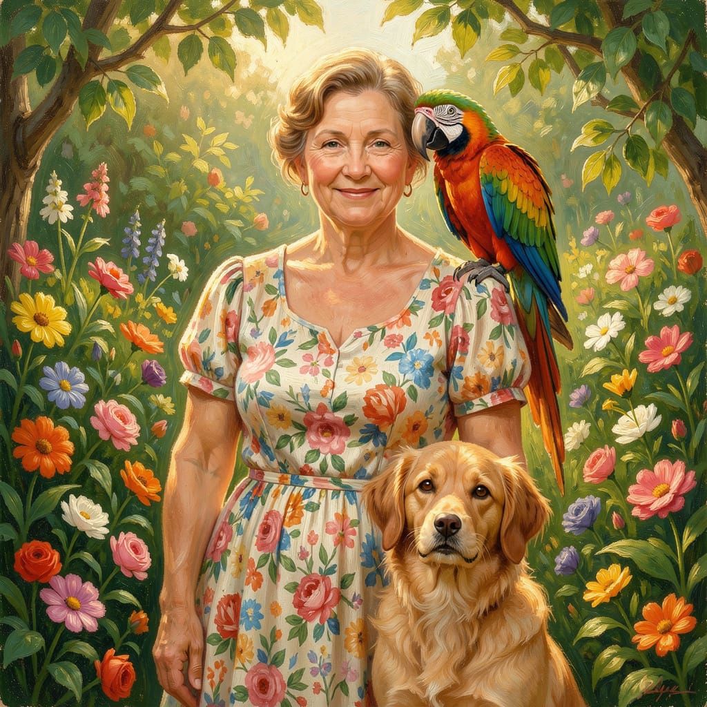 Oil Painting of Lady with Parrot and Dog in Garden